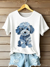 Frauen niedlicher Hund Denim Patchwork Kunst T-Shirt
